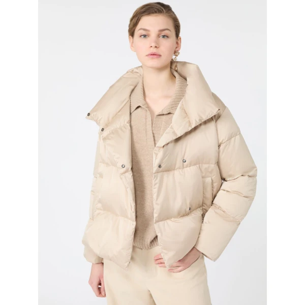 Max Mara Matassa Short Technical Satin Down Jacket in Sand | Jackets | Coveti