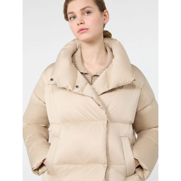 Max Mara Matassa Short Technical Satin Down Jacket in Sand | Jackets | Coveti