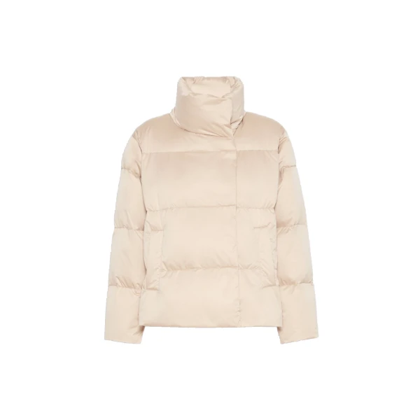Max Mara Matassa Short Technical Satin Down Jacket in Sand | Jackets | Coveti