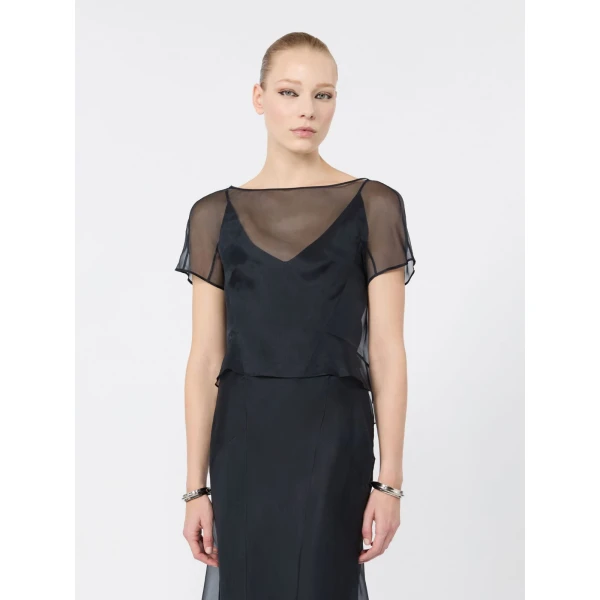 Max Mara Mela Silk Organza Cropped Blouse in Ultramarine | Blouse | Coveti