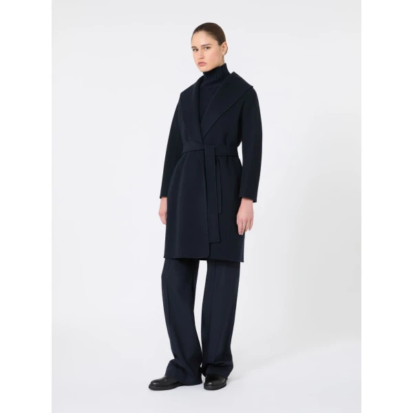 Max Mara Messi Double-Faced Wool Robe Coat in Midnight Blue | Wool Coat | Coveti