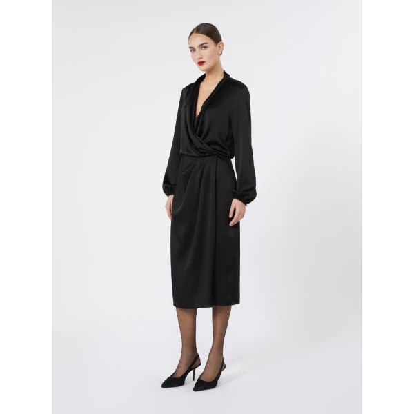 Max Mara Miss Envers Satin Wrap Midi Dress in Black | Midi Dresses | Coveti