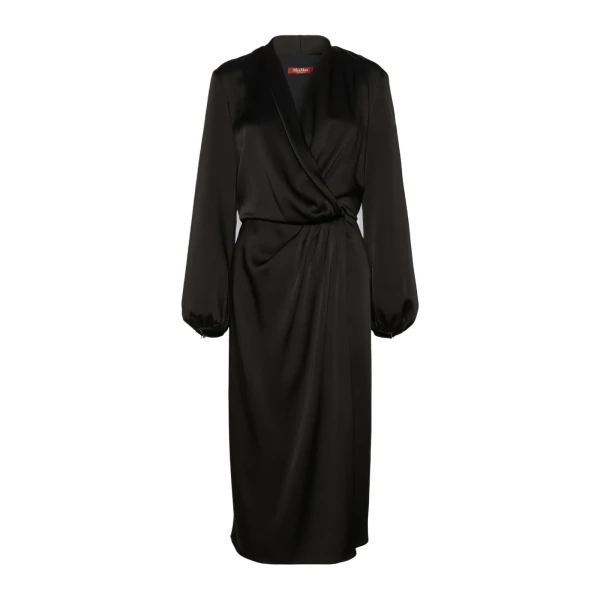 Miss Envers Satin Wrap Midi Dress in Black