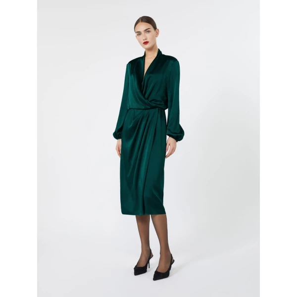 Max Mara Miss Envers Satin Wrap Midi Dress in Dark Green | Midi Dresses | Coveti