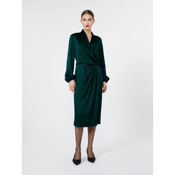 Max Mara Miss Envers Satin Wrap Midi Dress in Dark Green | Midi Dresses | Coveti