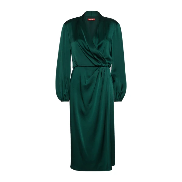 Max Mara Miss Envers Satin Wrap Midi Dress in Dark Green | Midi Dresses | Coveti