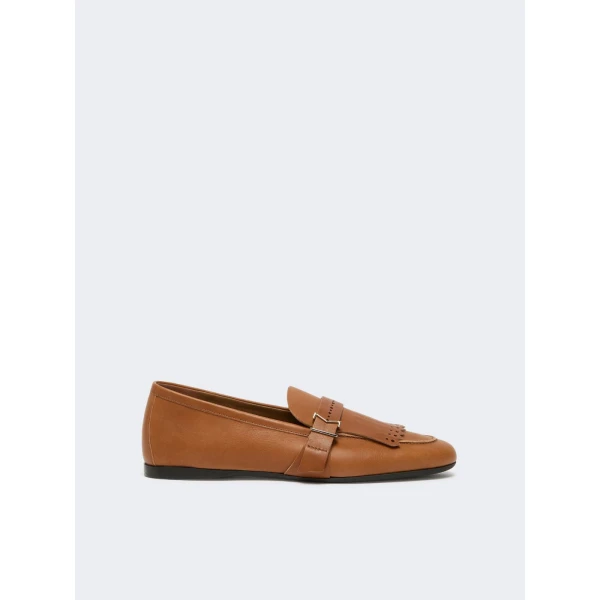 Max Mara Mister Fringed Leather Loafers in Amber Brown | Loafers | Coveti
