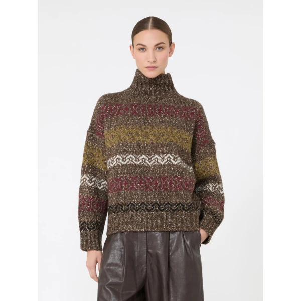 Max Mara Moda Jacquard Wool Cotton Roll Neck Jumper in Chocolate | Turtlenecks | Coveti