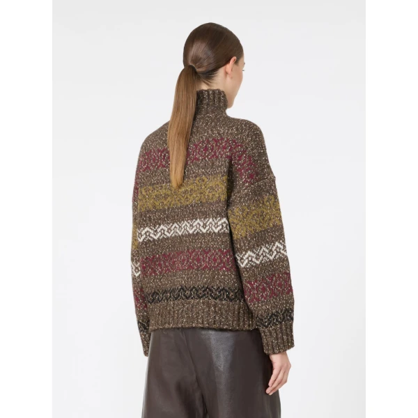 Max Mara Moda Jacquard Wool Cotton Roll Neck Jumper in Chocolate | Turtlenecks | Coveti