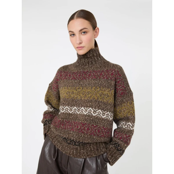 Max Mara Moda Jacquard Wool Cotton Roll Neck Jumper in Chocolate | Turtlenecks | Coveti