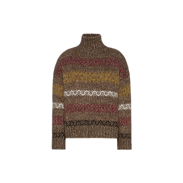 Max Mara Moda Jacquard Wool Cotton Roll Neck Jumper in Chocolate | Turtlenecks | Coveti