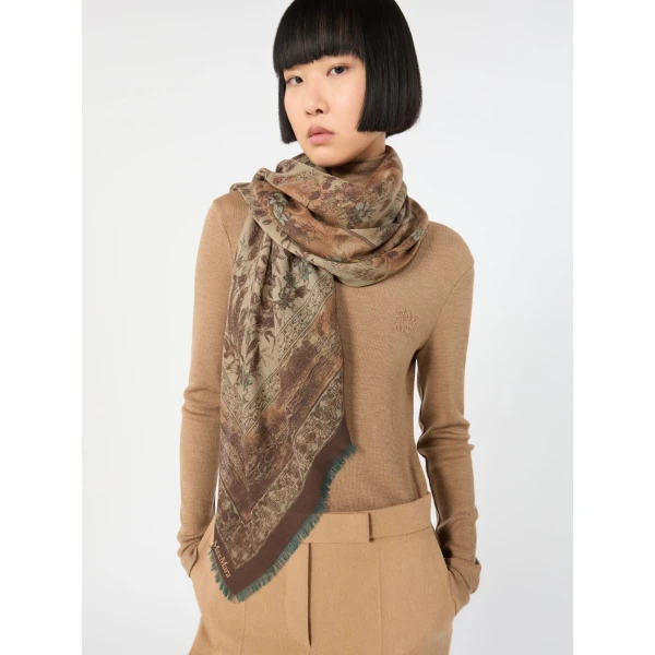 Max Mara Moneta Printed Wool and Silk Shawl in Pale Yellow | Scarves | Coveti