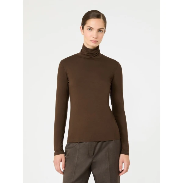 Max Mara Multif Stretch Viscose Jersey Turtleneck Top in Dark Brown | Tops | Coveti