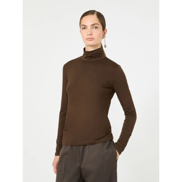 Max Mara Multif Stretch Viscose Jersey Turtleneck Top in Dark Brown | Tops | Coveti