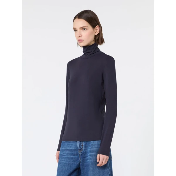 Max Mara Multif Stretch Viscose Jersey Turtleneck Top in Navy | Tops | Coveti