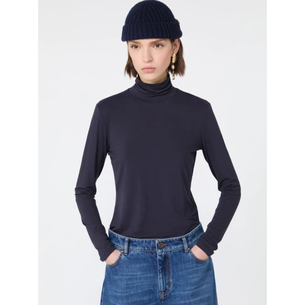 Max Mara Multif Stretch Viscose Jersey Turtleneck Top in Navy | Tops | Coveti