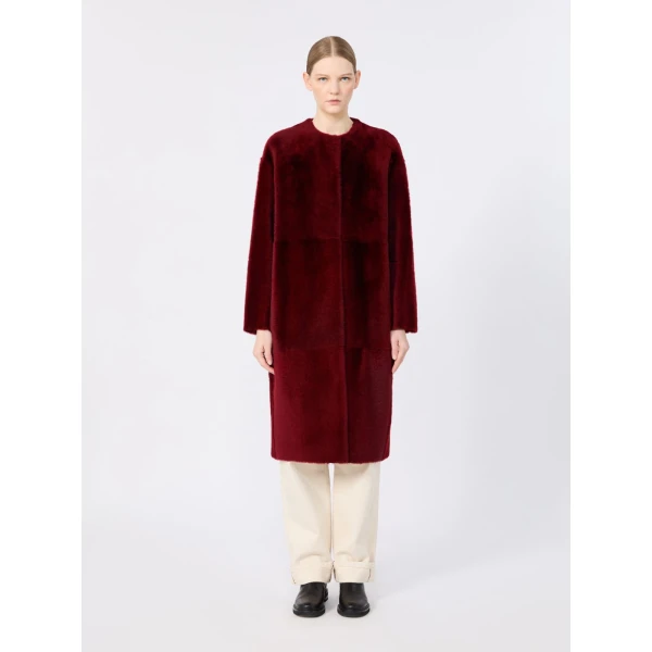 Max Mara Nebbia Sheepskin Midi Coat in Bordeaux | Fur Coats | Coveti