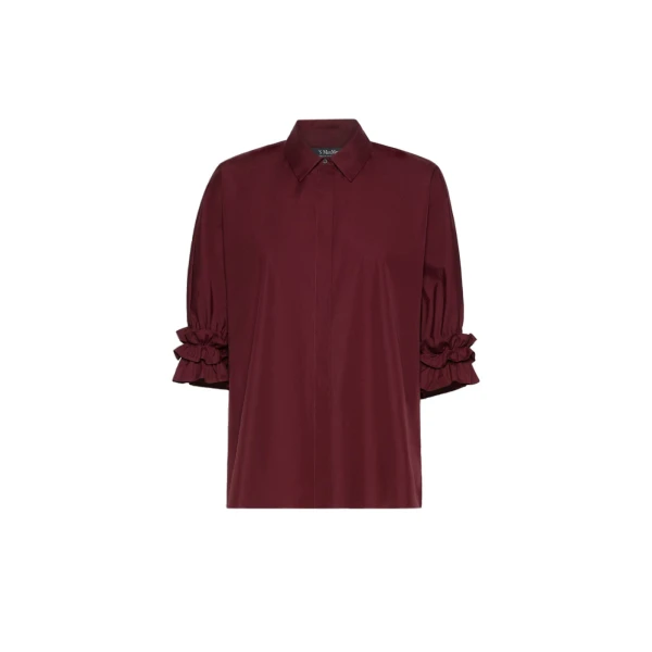 Max Mara Nebbie Cotton Poplin Ruffle-Sleeve Shirt in Ruby | Shirts | Coveti
