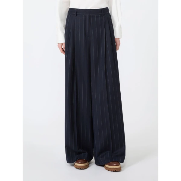 Max Mara Nebbie Pinstriped Wool Flannel Trousers in Navy | Wide leg pants | Coveti