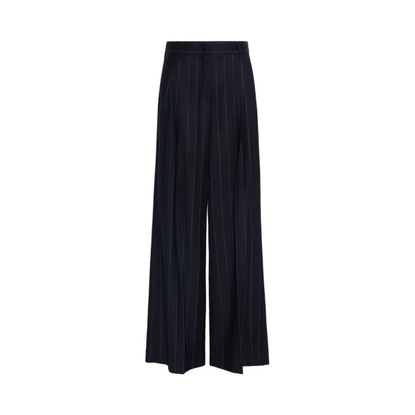 Max Mara Nebbie Pinstriped Wool Flannel Trousers in Navy | Wide leg pants | Coveti