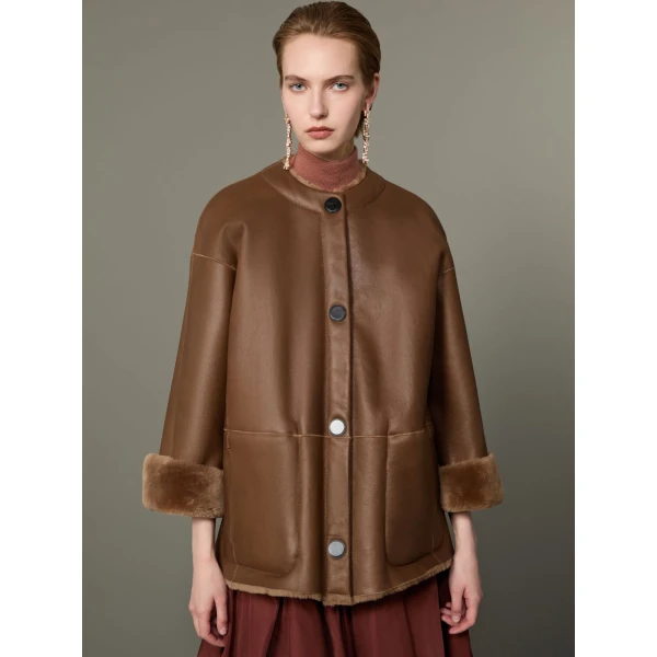 Max Mara Nerine Reversible Shearling Jacket in Camel | Shearling Jackets | Coveti