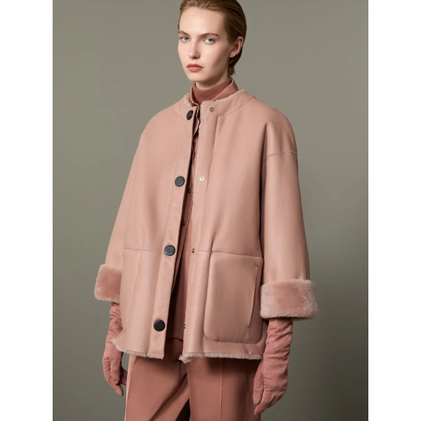 Max Mara Nerine Reversible Shearling Jacket in Powder Pink | Shearling Jackets | Coveti