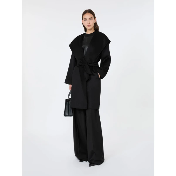 Max Mara Newmang Hooded Wool Robe Coat in Black | Wool Coat | Coveti