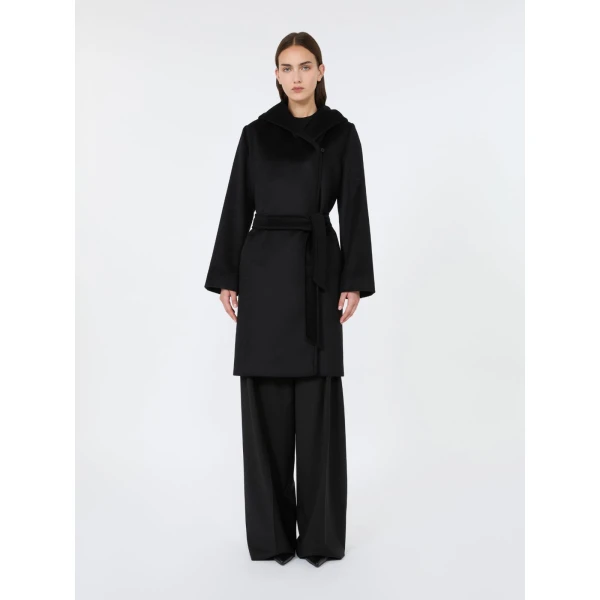Max Mara Newmang Hooded Wool Robe Coat in Black | Wool Coat | Coveti