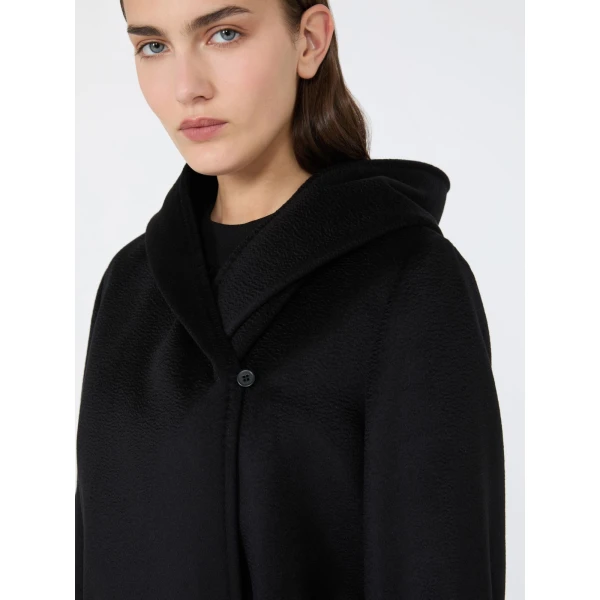 Max Mara Newmang Hooded Wool Robe Coat in Black | Wool Coat | Coveti