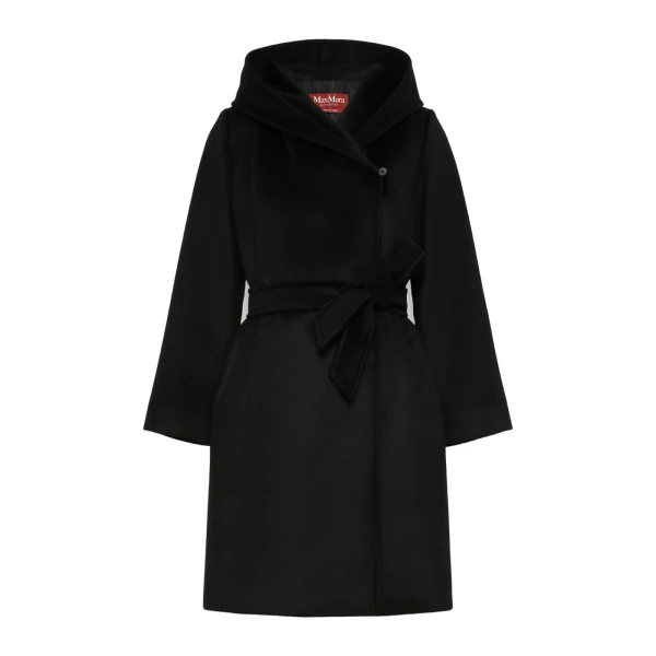 Max Mara Newmang Hooded Wool Robe Coat in Black | Wool Coat | Coveti