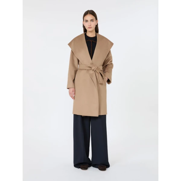 Max Mara Newmang Hooded Wool Robe Coat in Camel | Wool Coat | Coveti