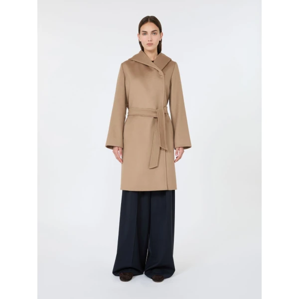 Max Mara Newmang Hooded Wool Robe Coat in Camel | Wool Coat | Coveti
