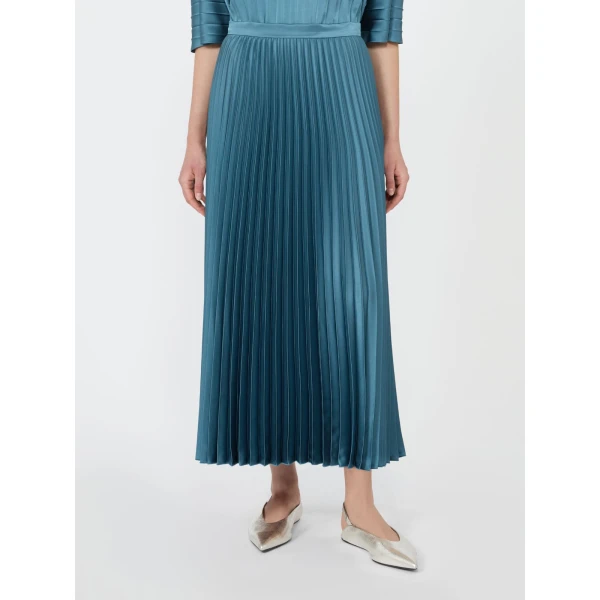 Max Mara Nicchia Pleated Satin Skirt in Blue Azure | Pleated Skirts | Coveti