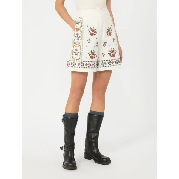 Max Mara Obice Embroidered Cotton Bermuda Shorts in White | Shorts | Coveti