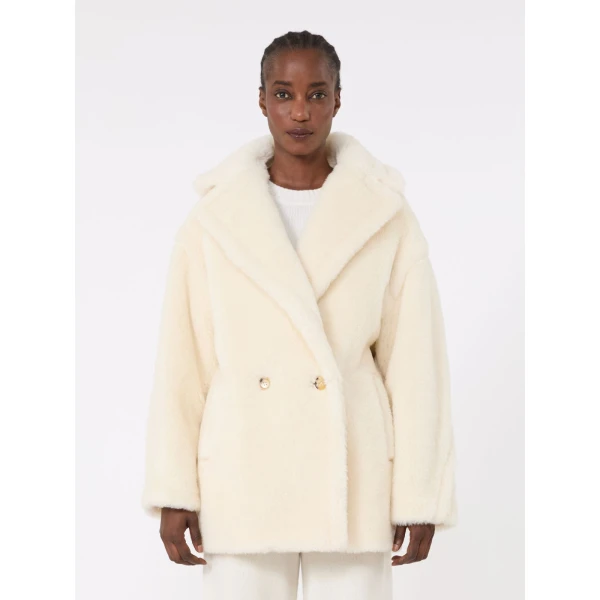 Max Mara Olga Short Teddy Bear Icon Coat in White | Wool Coat | Coveti