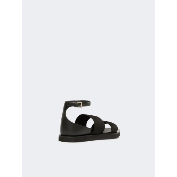 Max Mara Oncia Flat Leather and Elasticated Webbing Sandals in Black | Sandals | Coveti