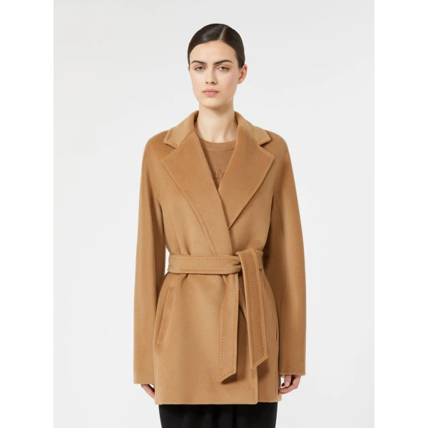 Max Mara Ondina Short Wool Beaver Cloth Robe Coat in Camel | Wool Coat | Coveti