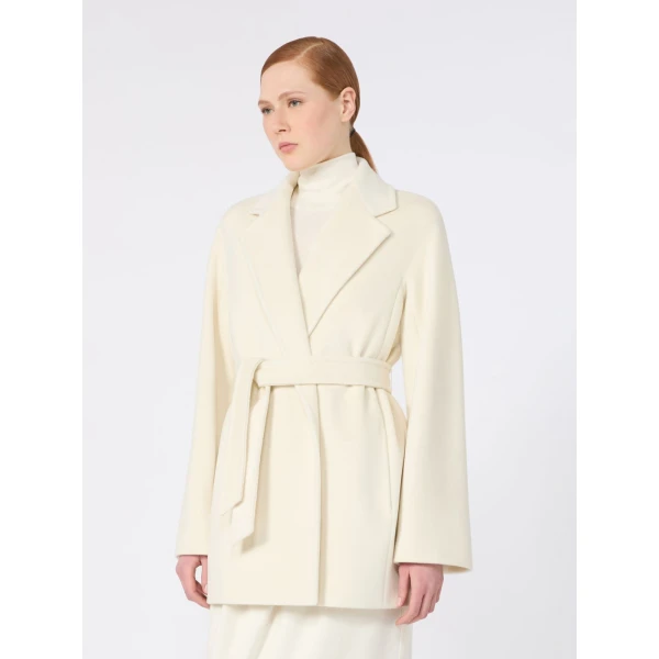 Max Mara Ondina Short Wool Beaver Cloth Robe Coat in White | Wool Coat | Coveti