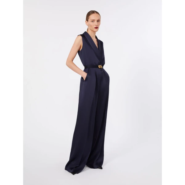 Max Mara Orario Envers Satin Tuxedo Jumpsuit in Midnight Blue | Jumpsuit | Coveti