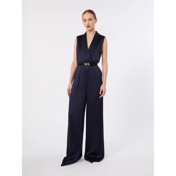 Max Mara Orario Envers Satin Tuxedo Jumpsuit in Midnight Blue | Jumpsuit | Coveti
