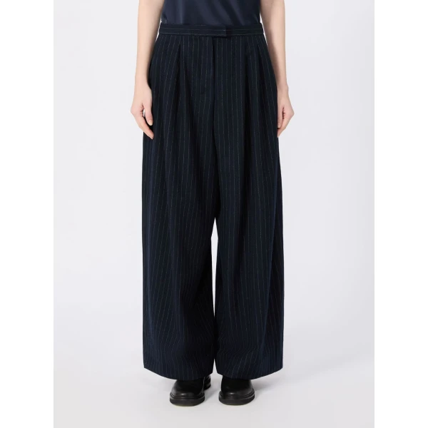 Max Mara Ordine Chalk-Stripe Wool Trousers in Midnight Blue | Wide leg pants | Coveti
