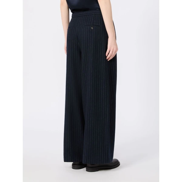 Max Mara Ordine Chalk-Stripe Wool Trousers in Midnight Blue | Wide leg pants | Coveti