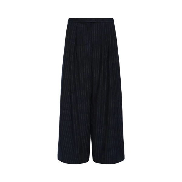 Max Mara Ordine Chalk-Stripe Wool Trousers in Midnight Blue | Wide leg pants | Coveti