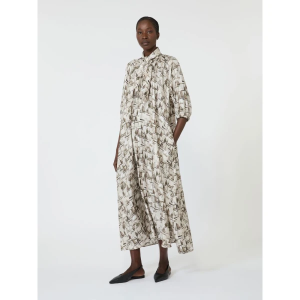 Max Mara Ottimo Printed Silk Dress in Stone Grey | Midi Dresses | Coveti