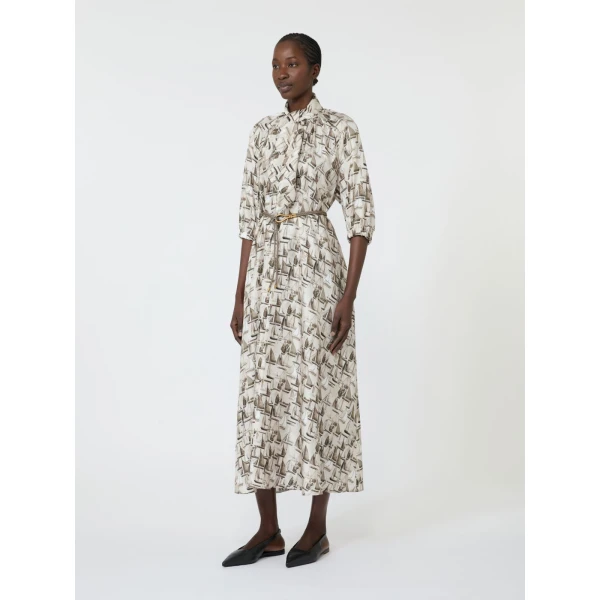Max Mara Ottimo Printed Silk Dress in Stone Grey | Midi Dresses | Coveti