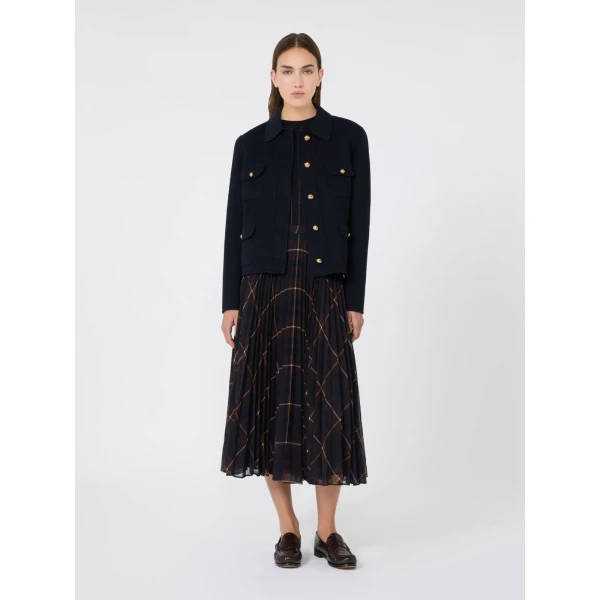 Max Mara Pagano Plisse Georgette-Blend Skirt in Blue Brown | Pleated Skirts | Coveti