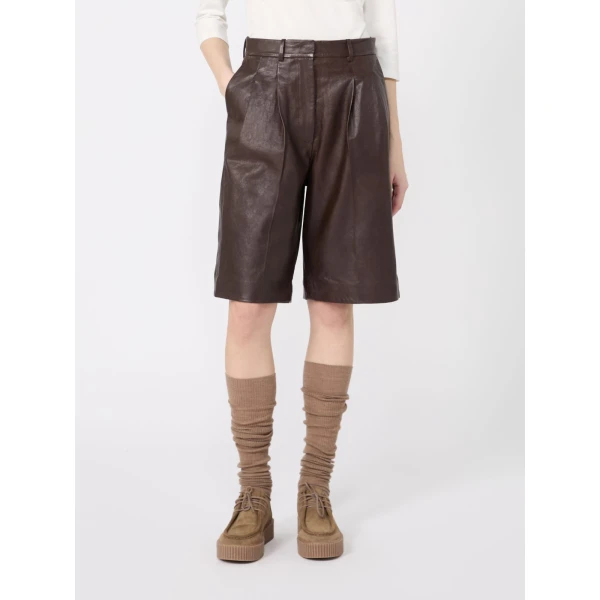 Max Mara Pagine Nappa Leather Bermuda Shorts in Dark Brown | Shorts | Coveti