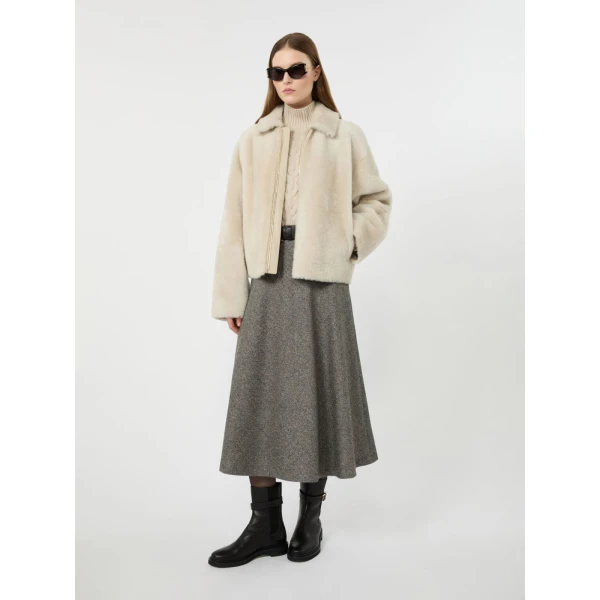 Max Mara Palazzi Wool Blend Donegal Midi Skirt in White Black | Midi Skirts | Coveti