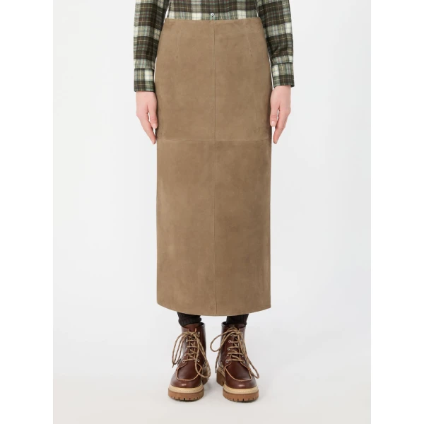 Max Mara Palmi Suede Midi Skirt in Khaki | Leather Skirts | Coveti