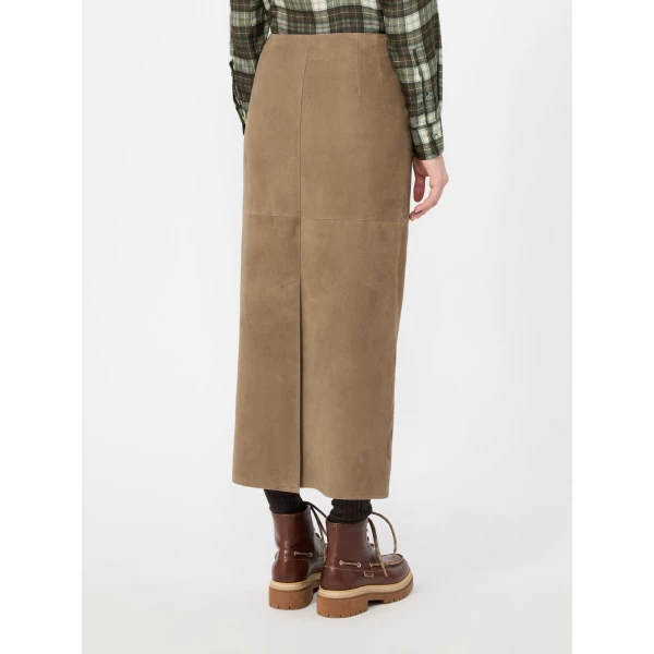 Max Mara Palmi Suede Midi Skirt in Khaki | Leather Skirts | Coveti